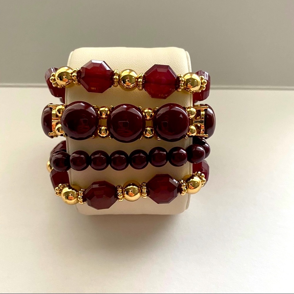 NY&Co 4pc Stretch Bracelet Set Maroon Gold Toned